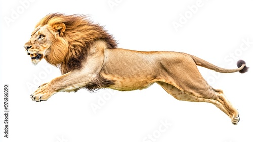 Powerful male lion leaping with mouth open isolated on white