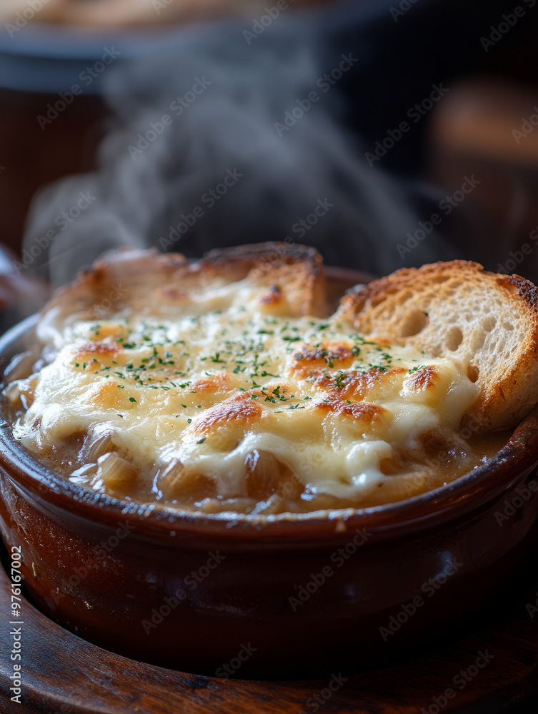 Steaming hot French onion soup with melted cheese and bread. Steaming hot French onion soup with melted cheese and bread.