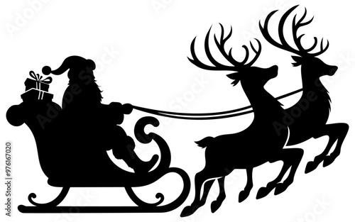 Santa Claus rides in a sleigh in harness on the reindeer
