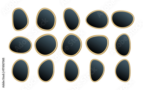 Abstract Black Mirrors with Golden Frames. A collection of abstract, irregularly shaped black mirrors with golden frames. Vector Illustration