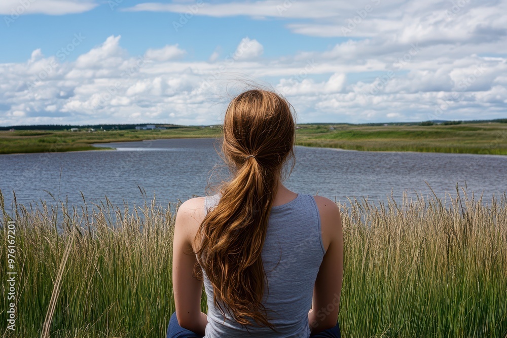 a woman standing in front of a lake with grass and water a woman standing in front of a lake with grass and water