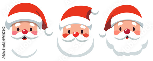 Set of cartoon Santa Claus heads or face in flat style. Vector illustration
