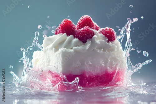 a piece of cake with raspberries on top photo