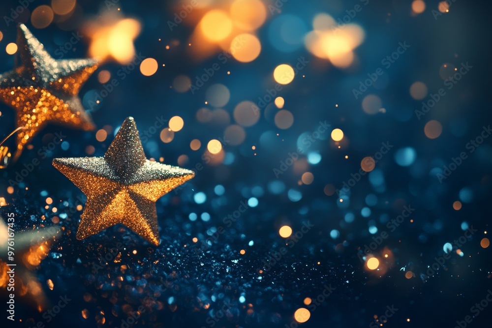 Elegant festive background with golden stars and bokeh lights for holiday designs and cards Elegant festive background with golden stars and bokeh lights for holiday designs and cards