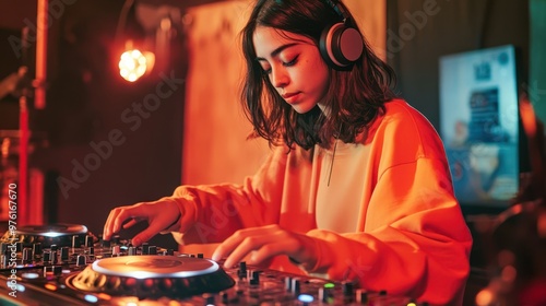 a woman in an orange sweater is mixing music photo