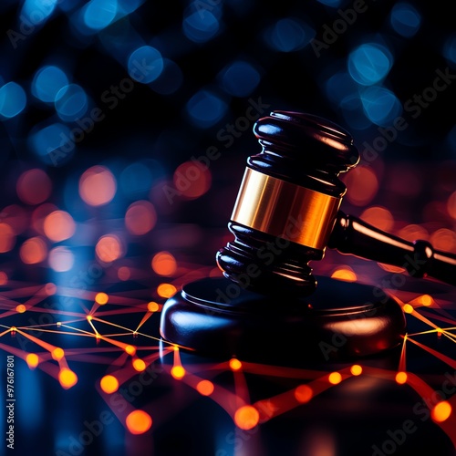 A close-up of a law gavel on a digital background, symbolizing justice and legal technology, ideal for legal and judicial themes.