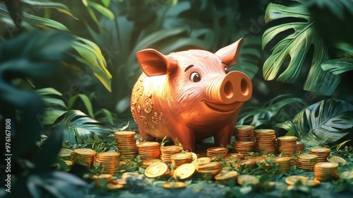 Fototapeta Naklejka Na Ścianę i Meble -  A smiling piggy bank surrounded by gold coins in a lush green jungle setting.