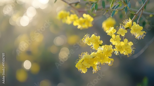 yellow flowers on a branch in the sun photo