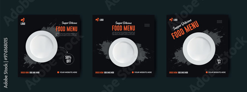 Fast food restaurant social media post or web banner template design.vector illustration with plate. Healthy burger and pizza online sale promotion flyer or poster.