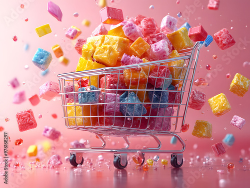 A miniature shopping cart overflowing with colorful sugar cubes against a pink background. photo