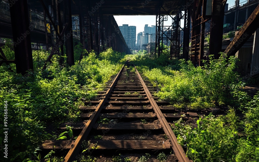Abandoned railway tracks overgrown with lush greenery, showcasing nature reclaiming urban space amidst towering buildings. Abandoned railway tracks overgrown with lush greenery, showcasing nature reclaiming urban space amidst towering buildings.
