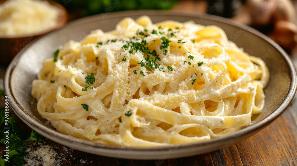 Plate of creamy fettuccine alfredo garnished with parsley Plate of creamy fettuccine alfredo garnished with parsley