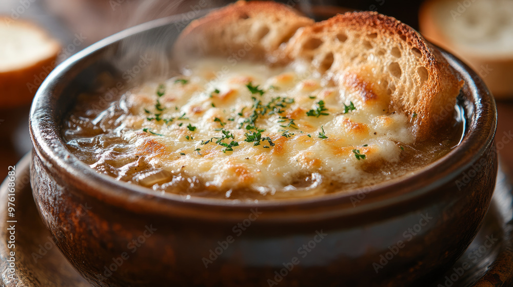 Steaming bowl of French onion soup with melted cheese and toast. Steaming bowl of French onion soup with melted cheese and toast.