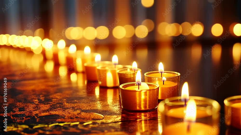 A group of burning candles on a wooden surface creates a warm and cozy atmosphere. Suitable for themes related to meditation, relaxation, holidays, and romantic evenings A group of burning candles on a wooden surface creates a warm and cozy atmosphere. Suitable for themes related to meditation, relaxation, holidays, and romantic evenings