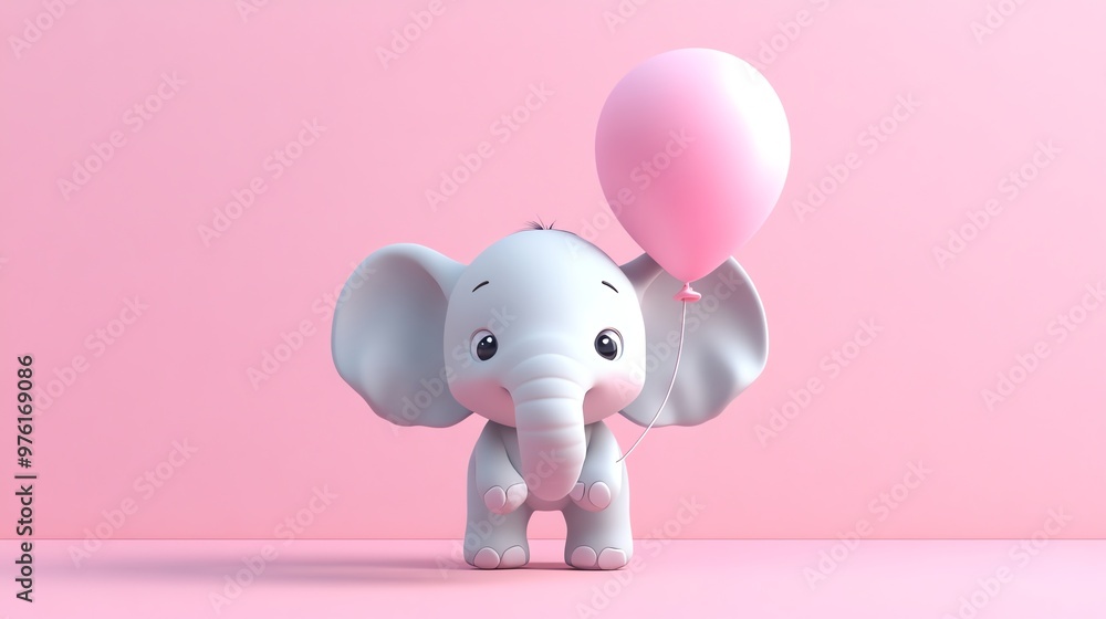 Cute cartoon elephant holding a pink balloon against a pink background. Cute cartoon elephant holding a pink balloon against a pink background.