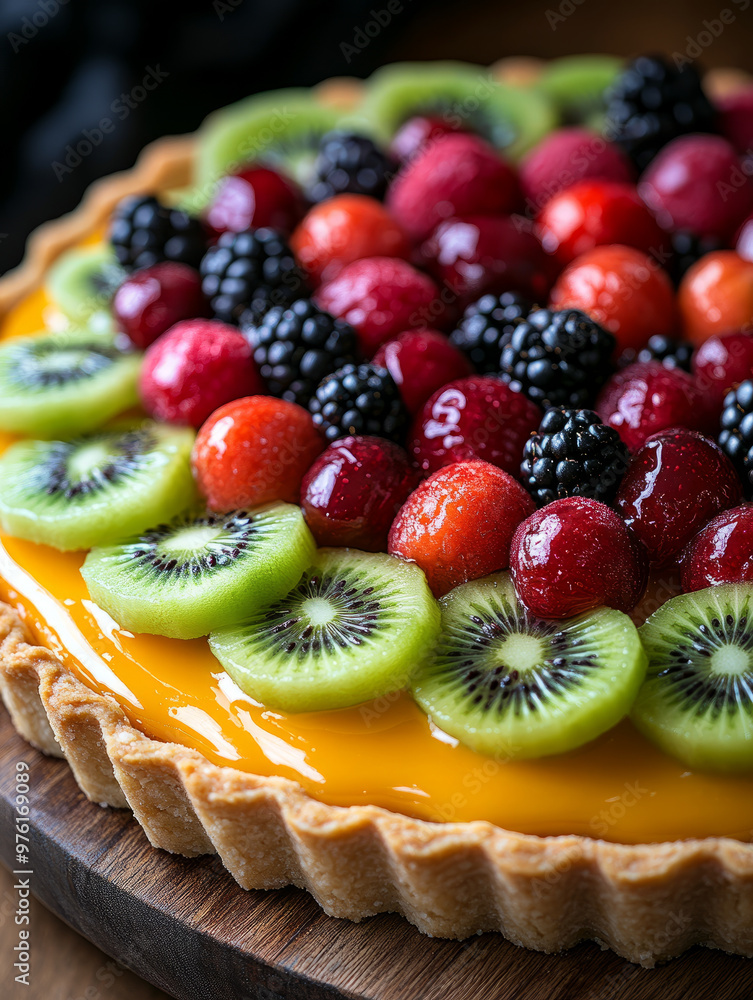 A colorful fruit tart with kiwi, strawberries, blackberries, and cherries A colorful fruit tart with kiwi, strawberries, blackberries, and cherries