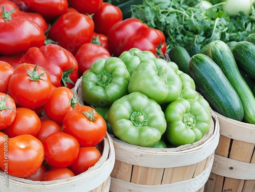 Freshly harvested tomatoes and bell peppers displayed in wooden baskets at a vibrant market.