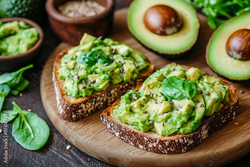 Mashed Avocado Toast with Spinach and Seeds on Whole Grain Bread 