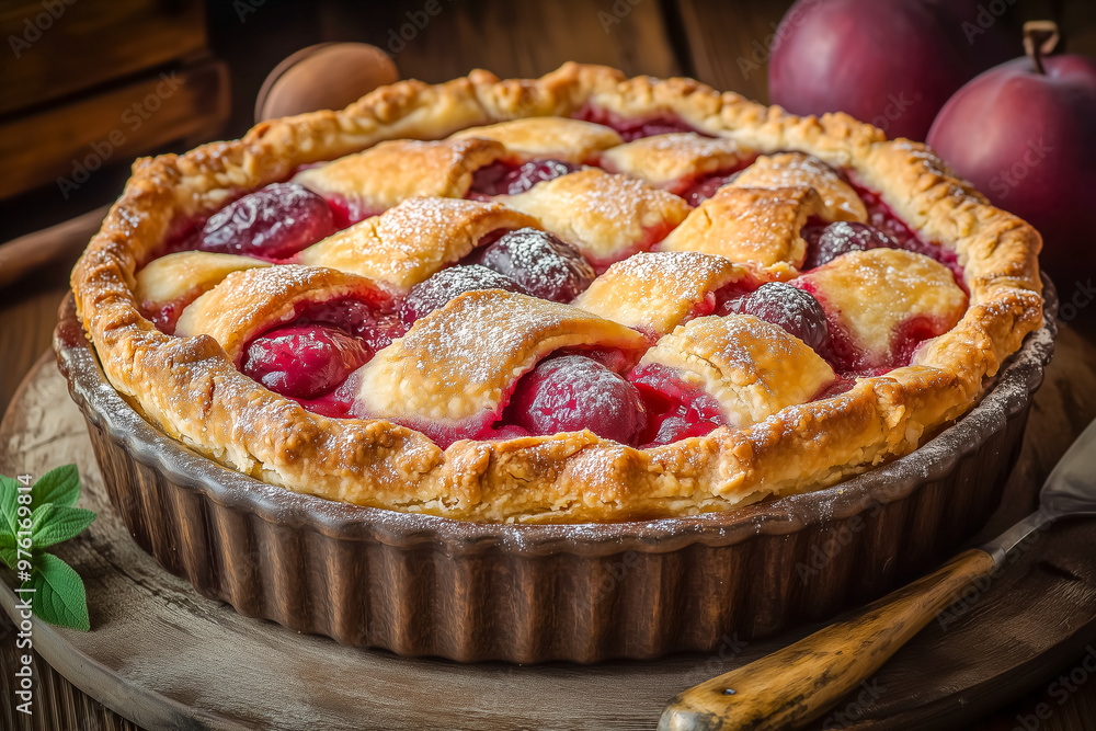 Homemade Plum Pie with Lattice Crust and Powdered Sugar
Homemade Plum Pie with Lattice Crust and Powdered Sugar