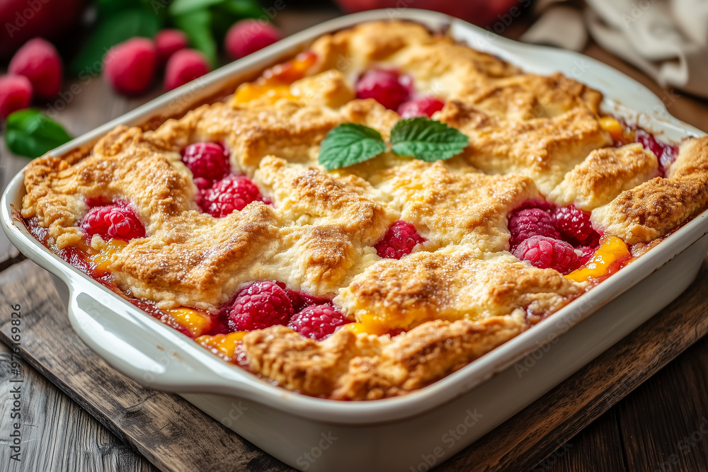 Peach and Raspberry Cobbler with Golden Crust in Baking Dish
Peach and Raspberry Cobbler with Golden Crust in Baking Dish