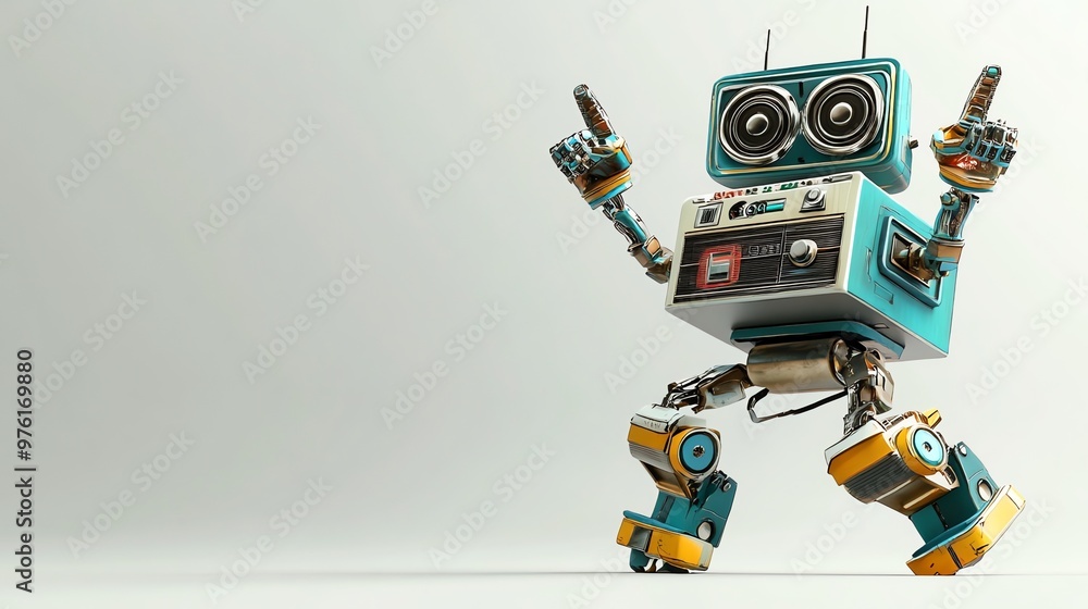 Fototapeta premium A retro robot with a boombox body dances against a white background.