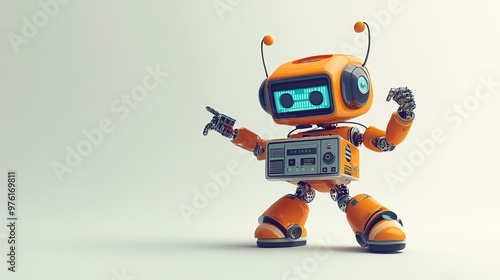 A retro-style orange robot with blue eyes points to the left.
