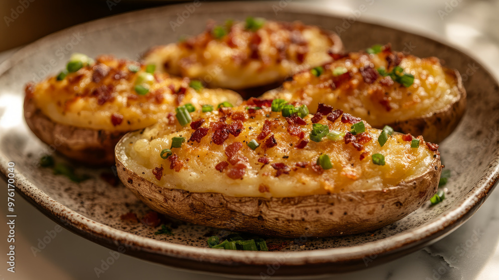 Potatoes stuffed with cheese, bacon and green onions. Potatoes stuffed with cheese, bacon and green onions.