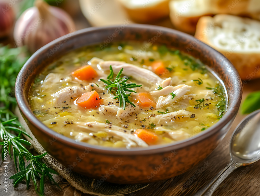 Hearty Chicken Soup with Vegetables and Rosemary in a Bowl
Hearty Chicken Soup with Vegetables and Rosemary in a Bowl