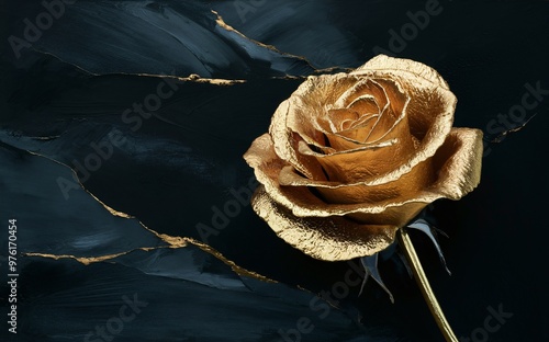 Generative-AI, Abstract Golden Rose with Metallic Texture Set Against a Deep Background photo