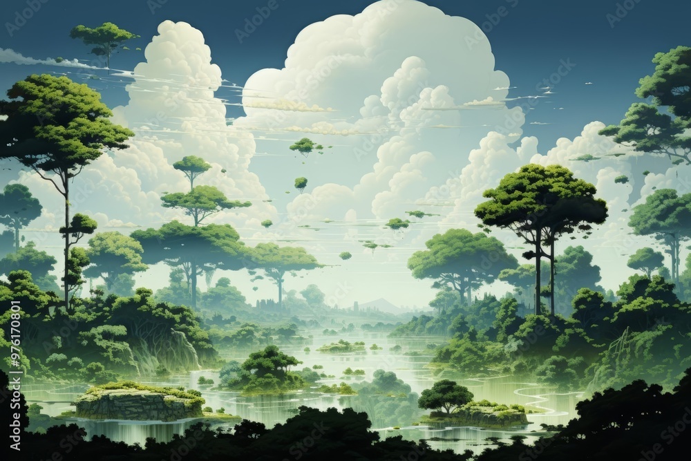 Fototapeta premium A surreal illustration of floating islands above a lush, green landscape