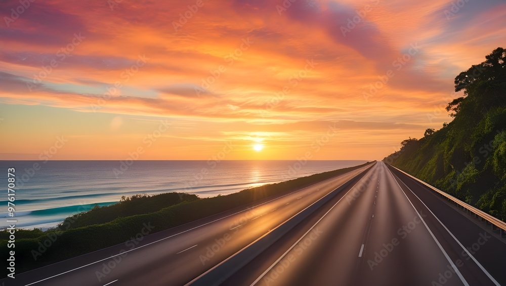 A highway leads toward a panoramic view of a gorgeous sunset over the ocean. A highway leads toward a panoramic view of a gorgeous sunset over the ocean.