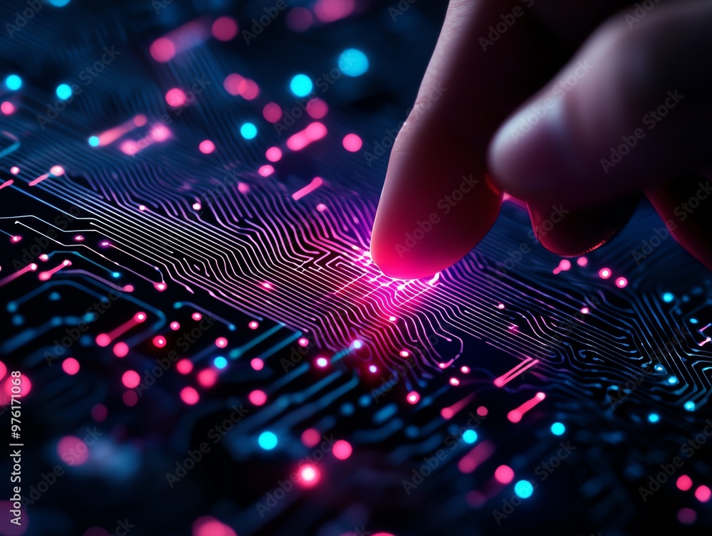 A hand touching a futuristic circuit board with glowing lights, symbolizing technology and innovation. A hand touching a futuristic circuit board with glowing lights, symbolizing technology and innovation.