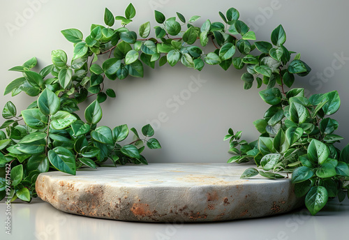 Empty stone podium scene platform with green leaves for product presentation. Empty pedestal or demonstration platform on white background photo