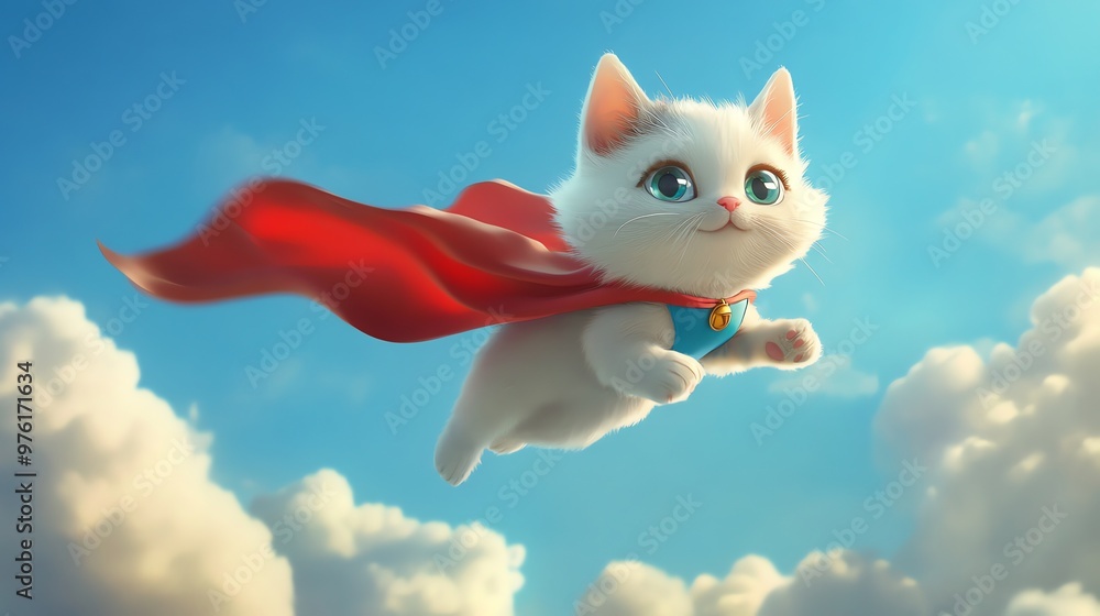 Fototapeta premium A cute white cat with a red cape flies through the sky.