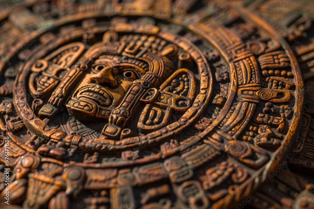 Obraz premium The detailed Aztec calendar showcases elaborate carvings depicting celestial symbols and figures, reflecting the ancient civilization's rich cultural heritage and artisanship.