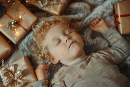 Cozy and warm delicate boy enjoys comforting undisturbed rest. Sweet dreams take charming child away to land of calm and delight. Tender embrace of peaceful sleep reflects purity of childhood.