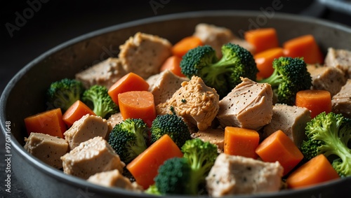 Pan filled with chicken and vegetables for dry dog food.