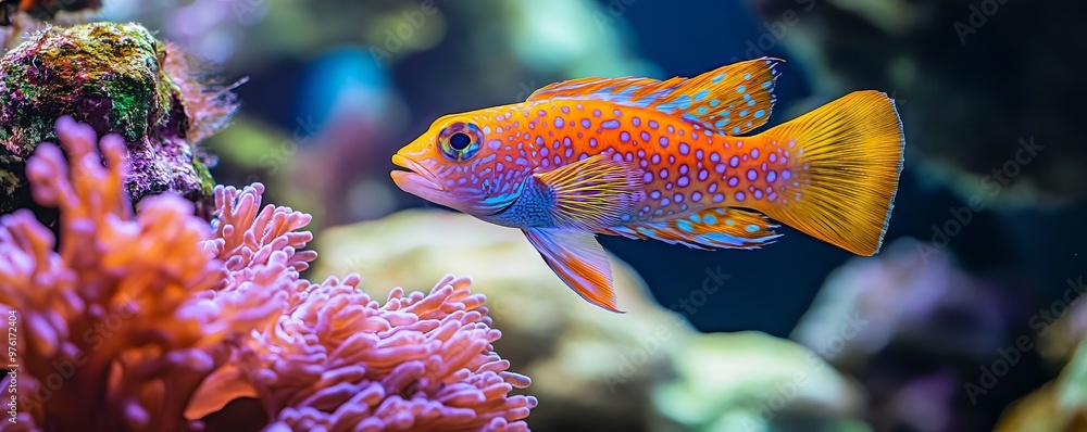 Obraz premium Orange and blue reef fish swimming near coral