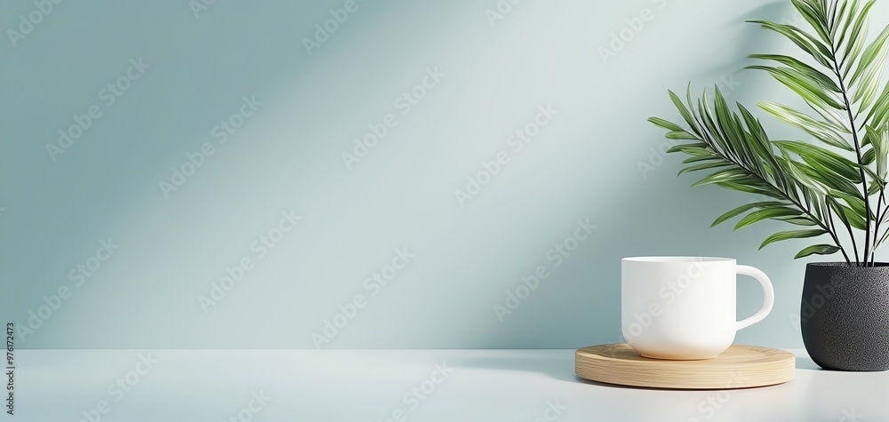 A 3D serene interior scene featuring a white mug on a wooden coaster beside a stylish plant against a soft blue background. A 3D serene interior scene featuring a white mug on a wooden coaster beside a stylish plant against a soft blue background.