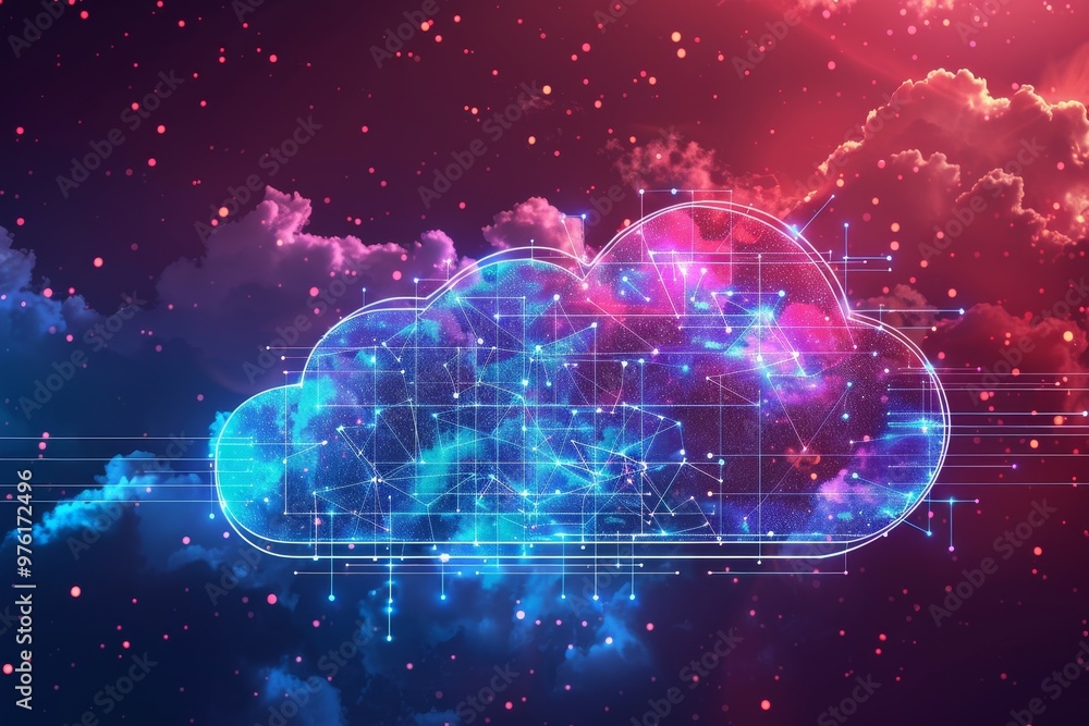 A vivid cloud formation filled with cosmic designs and digital patterns floats against a colorful space backdrop, creating a mesmerizing atmosphere of technology and imagination. A vivid cloud formation filled with cosmic designs and digital patterns floats against a colorful space backdrop, creating a mesmerizing atmosphere of technology and imagination.