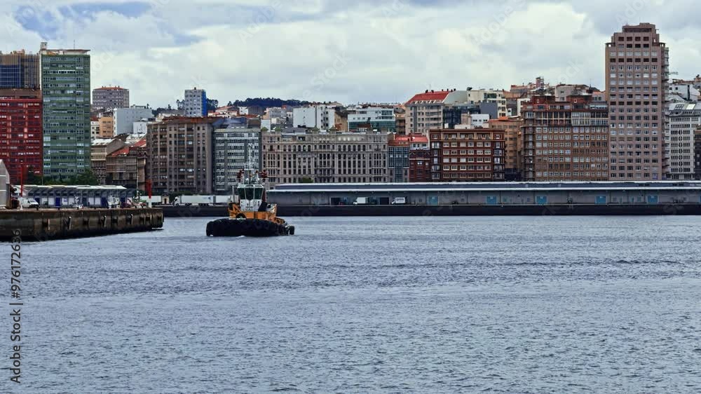 Tugboat Navigating Urban Harbor with City Skyline in Background Tugboat Navigating Urban Harbor with City Skyline in Background