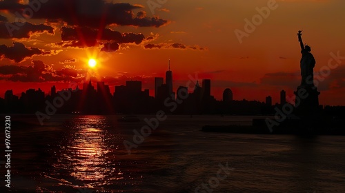 Statue_Liberty_and_New_York_city_skyline_at_sunse