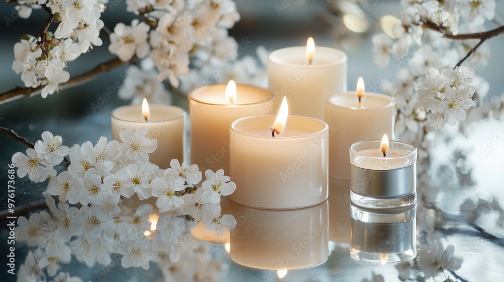 A serene arrangement of elegant candles and delicate flowers, exuding warmth and sophistication, placed on a polished surface. A serene arrangement of elegant candles and delicate flowers, exuding warmth and sophistication, placed on a polished surface.