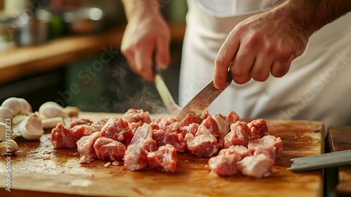 chef-style kitchen shot of raw meat being diced and bones being set aside, emphasizing the preparation