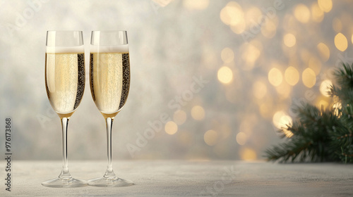 Two glasses of champagne on yellow sides. New Year's banner, template for calendar, postcard, invitation.