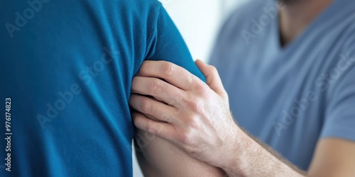 One person is seen providing a supportive gesture by gently holding another's shoulder, symbolizing care, empathy, and camaraderie during a moment of connection.