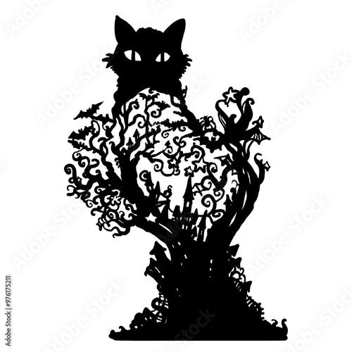 Halloween Cat Diorama with castle bat stars tree spooky vibes