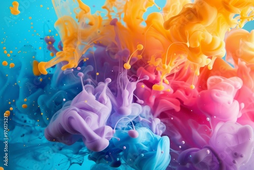 Bright colors in fluid form blend together, creating a stunning display of swirling patterns. The vivid pigments mingle, illuminating the space with artistic flair.