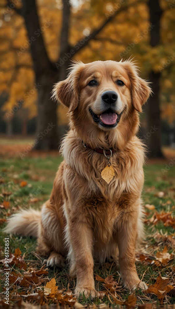 Picture of a golden retriever in an autumn setting. Picture of a golden retriever in an autumn setting.
