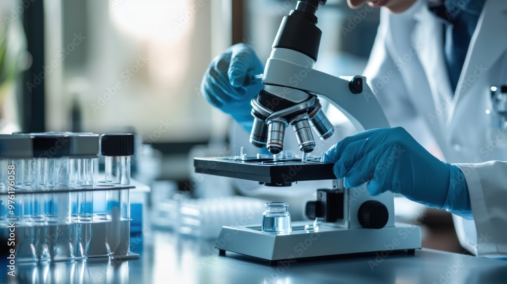 Scientist examining a sample with microscope in lab Scientist examining a sample with microscope in lab
